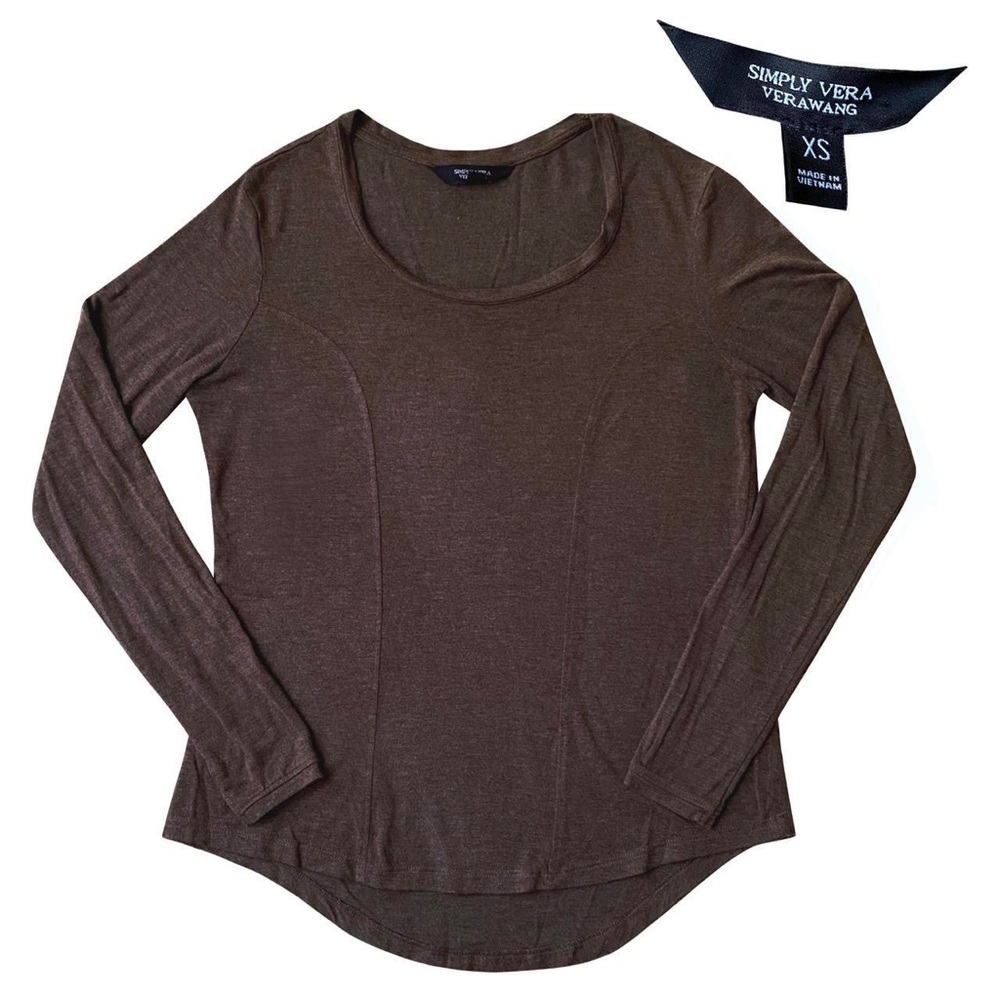 Vera Wang Scoop Neck High Low Hem Hourglass Ribbed Brown Shirt Size XS Oversized